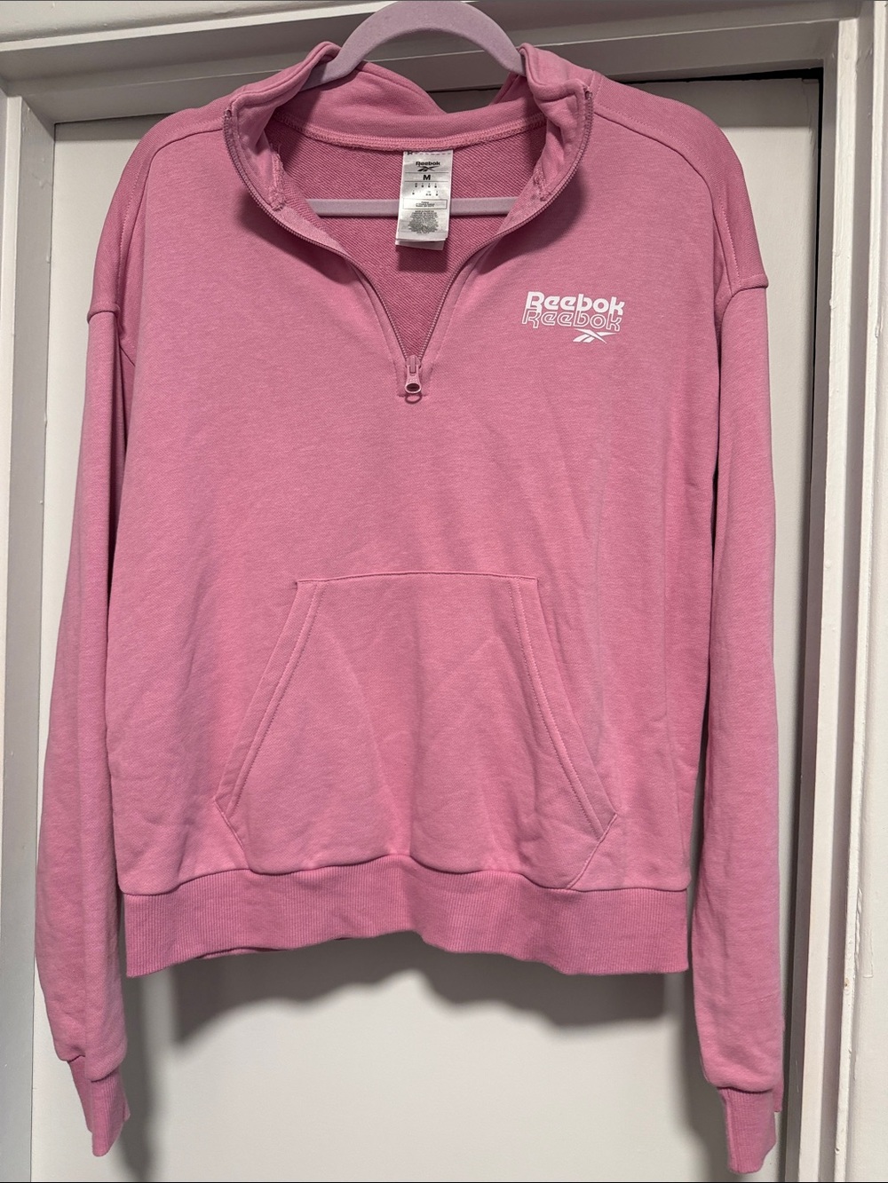 Reebok Pink Quarter-Zip Crew Pullover with Kangaroo Pocket